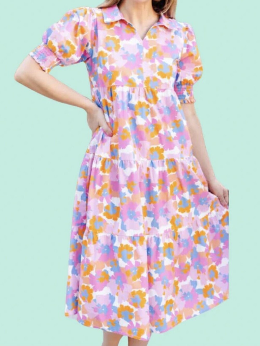 Michelle Mcdowell Tiered Floral Cotton Midi Dress in Pink Orange & Blue Sz Large